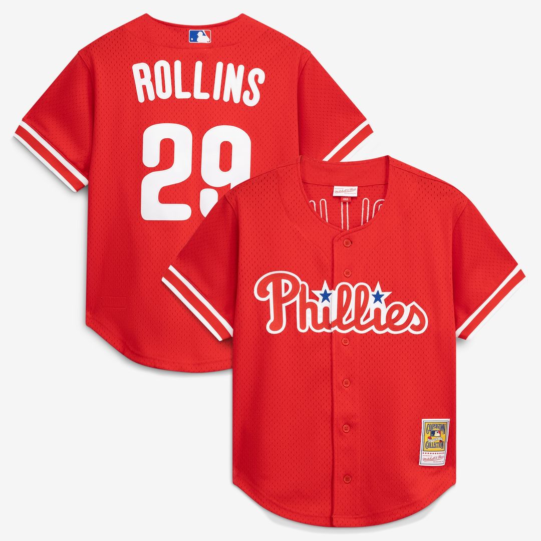 Jimmy Rollins Philadelphia Phillies Mitchell & Ness Cooperstown Mesh Batting Practice Button - Up Jersey - Red