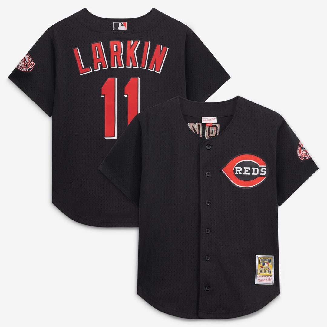 Barry Larkin Cincinnati Reds Mitchell & Ness Cooperstown Collection Mesh Batting Practice Button - Up Jersey - Black