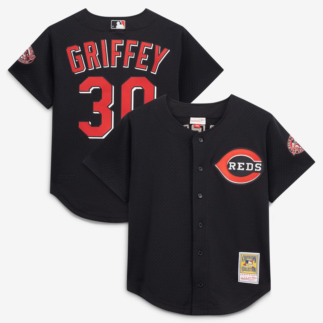 Ken Griffey Jr. Cincinnati Reds Mitchell & Ness Cooperstown Collection Mesh Batting Practice Button - Up Jersey - Black