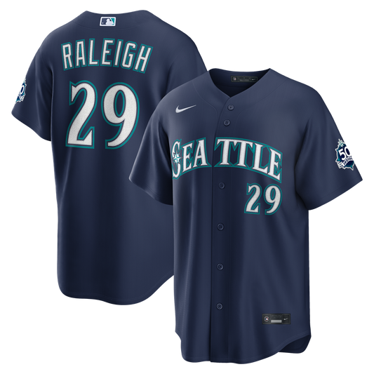Cal Raleigh Seattle Mariners Nike Road Stadium 50th Season Patch Jersey - Navy