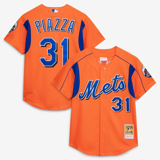 Mike Piazza New York Mets Mitchell & Ness Cooperstown Collection Mesh Batting Practice Button - Up Jersey - Orange